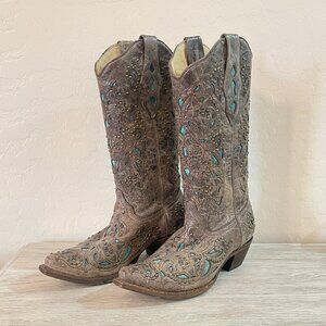 Corral Boots 6.5 Brown Stud Turquoise Blue Inlay A1099 Cowgirl Cowboy Western